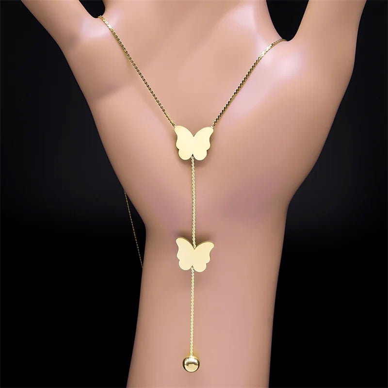 Aesthetic Butterfly Ball Tassel Necklace for Women Stainless Steel Gold Color Female Long Chain