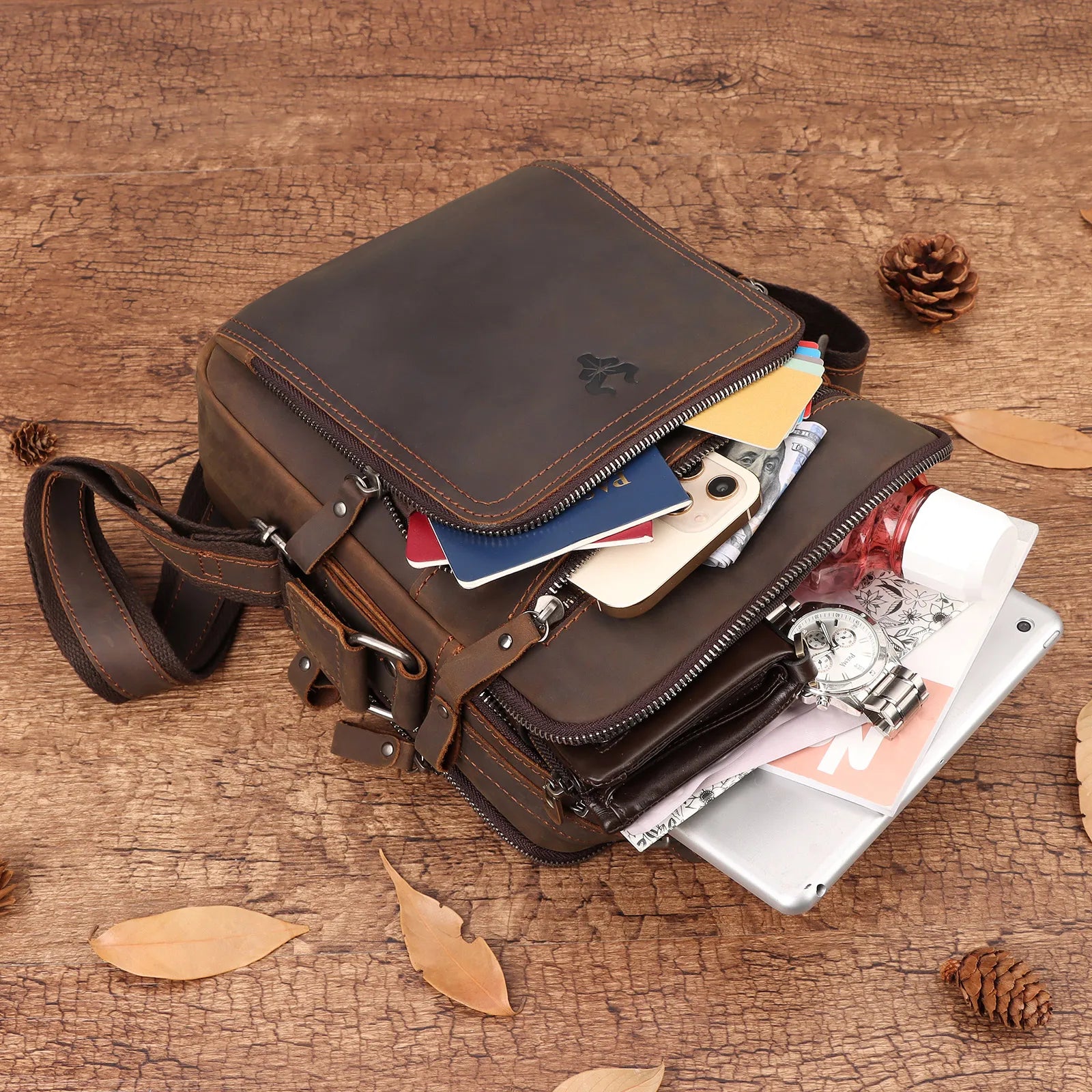 Crazy Horse Leather Men Vintage Handbags Business Office Flap Shoulder Messenger Bags
