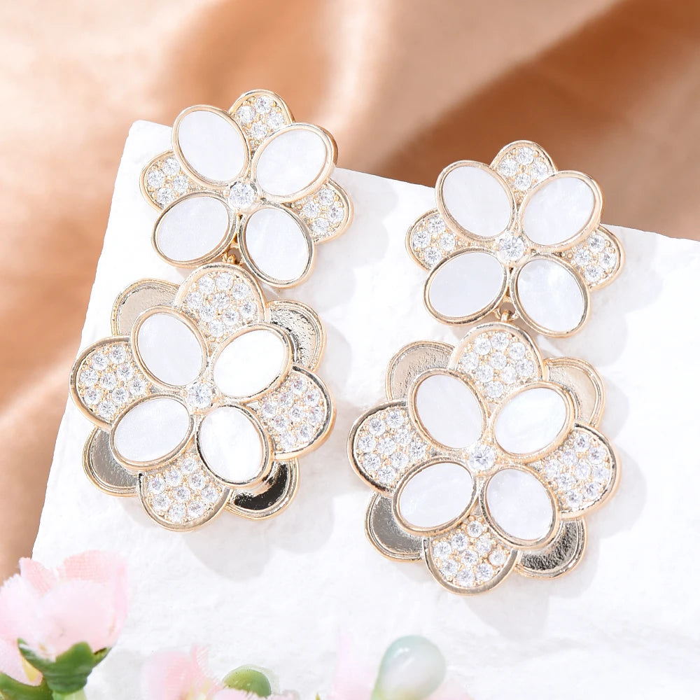 New Pink Gold Color Flower Geometry Earrings for Women Anniversary Gift