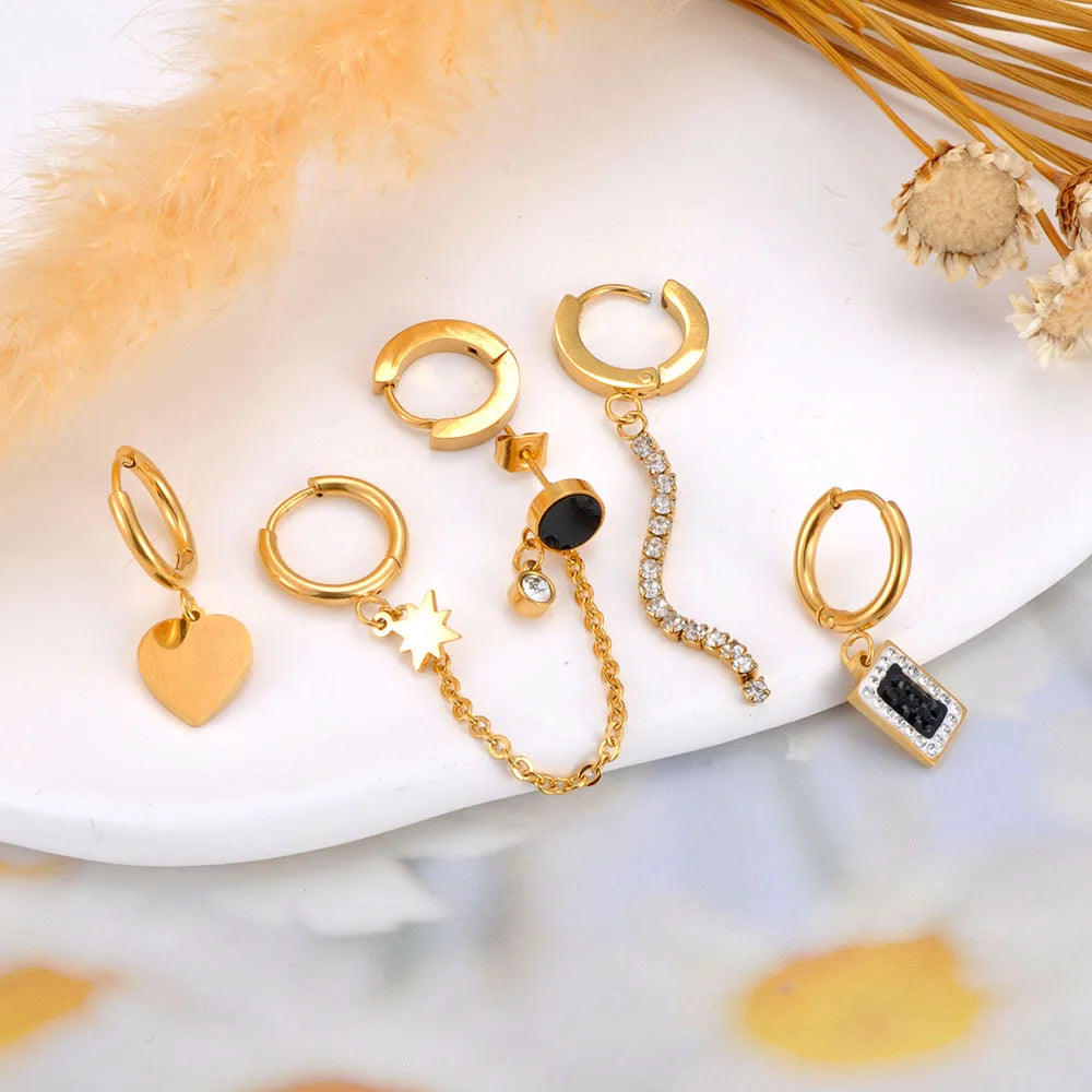 3Pair/Set Stainless Steel Heart CZ Crystal Hoop Earrings For Women