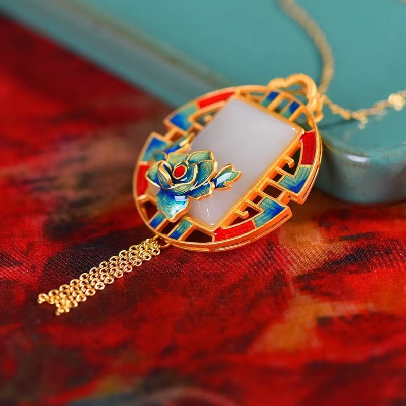 Vintage ethnic style Natural Hotan White Jade Square tassels Necklace Pendant