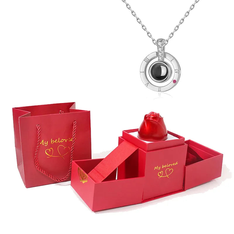Projection Necklace With Exquisite Rose Gift Box100 Languages I Love You Pendant Jewelry