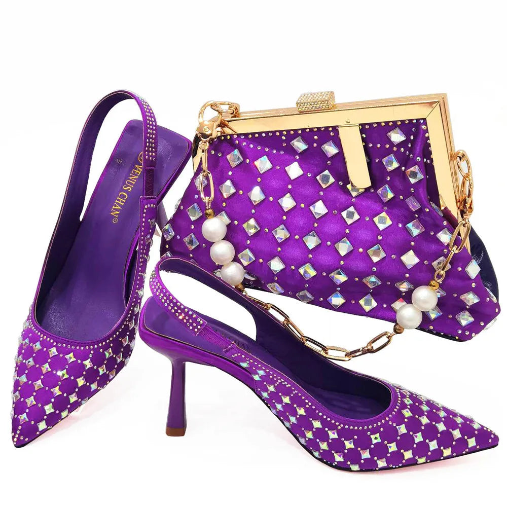Italian Design Embossed Varnish Style Big Diamond Decoration Classic Noble Women Shoes and Bag Set