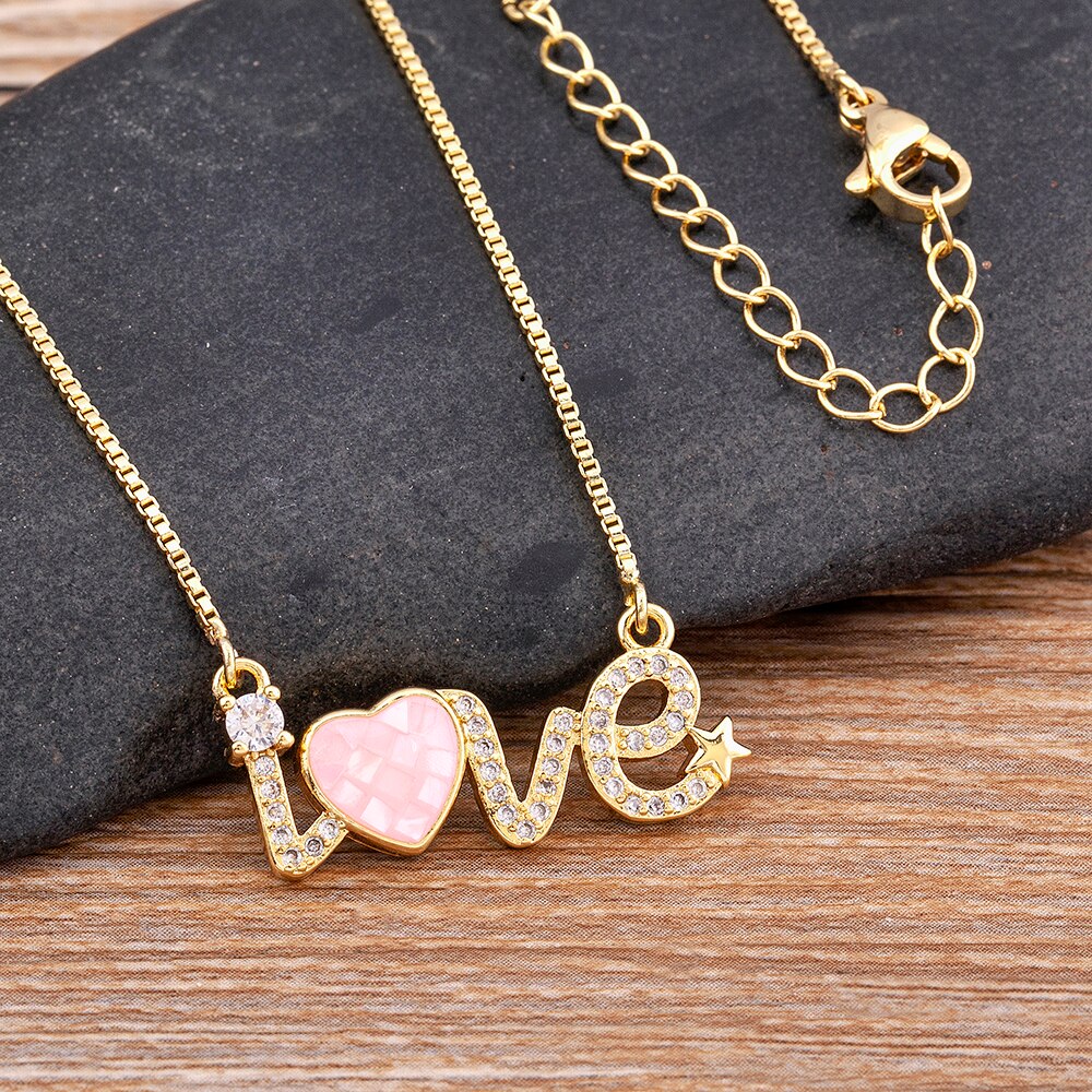 Romantic Love Letter Inlaid Pink Heart-Shaped Shell Shiny Zircon Pendant Necklace Women