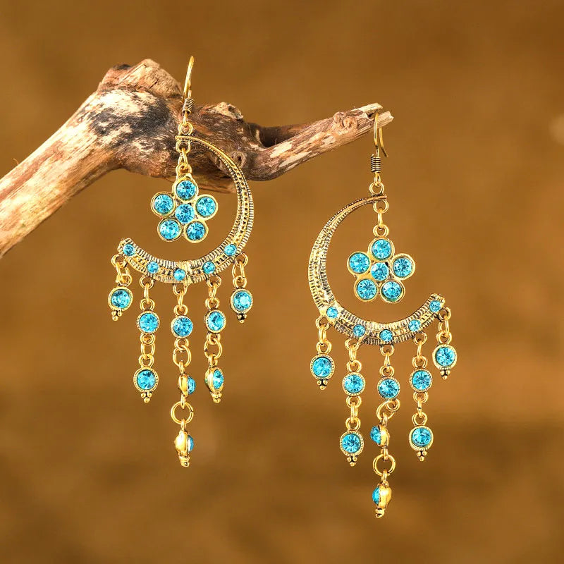  Vintage Ethnic Long Colorful Tassel Rhinestone Dangle Earrings for Women