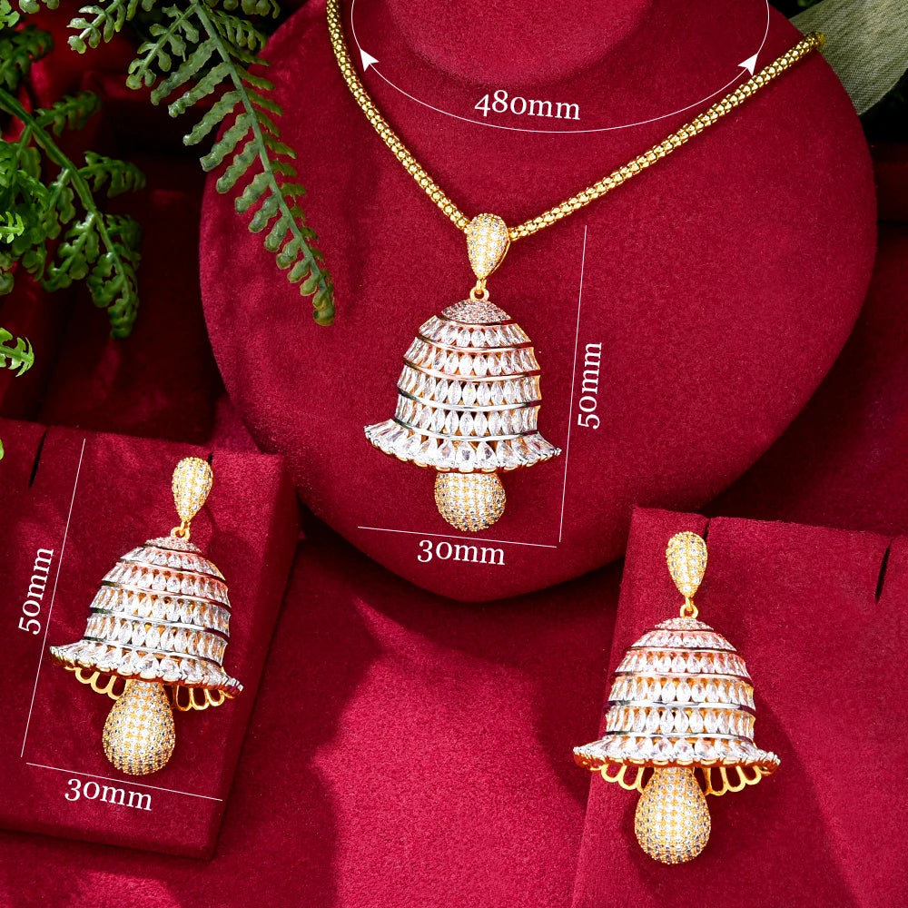 Luxury Bell Drop Necklace Earrings Jewelry Sets Super CZ for Noble Women