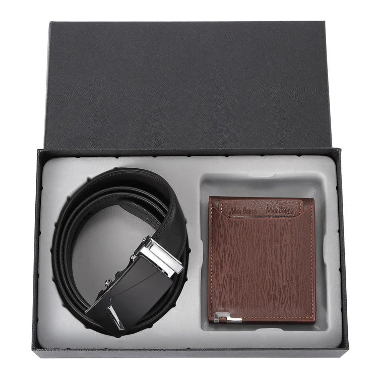 Genuine Leather Men's Wallet Belt Gift Set with Box Anniversary Birthday Gifts