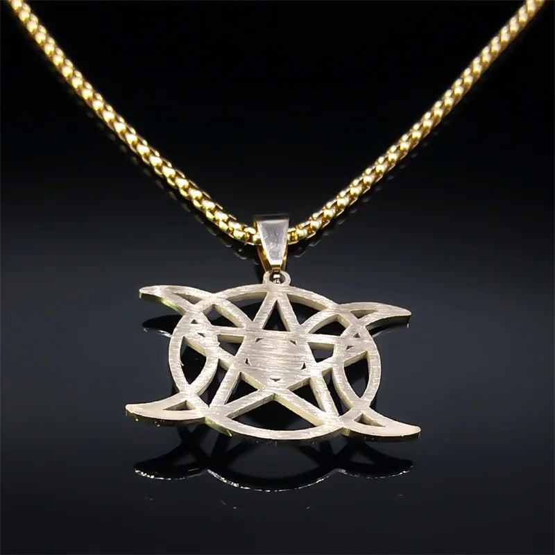 Triple Moon Goddess Necklace Stainless Steel Red Stone Witch Divination Pentagram Necklaces