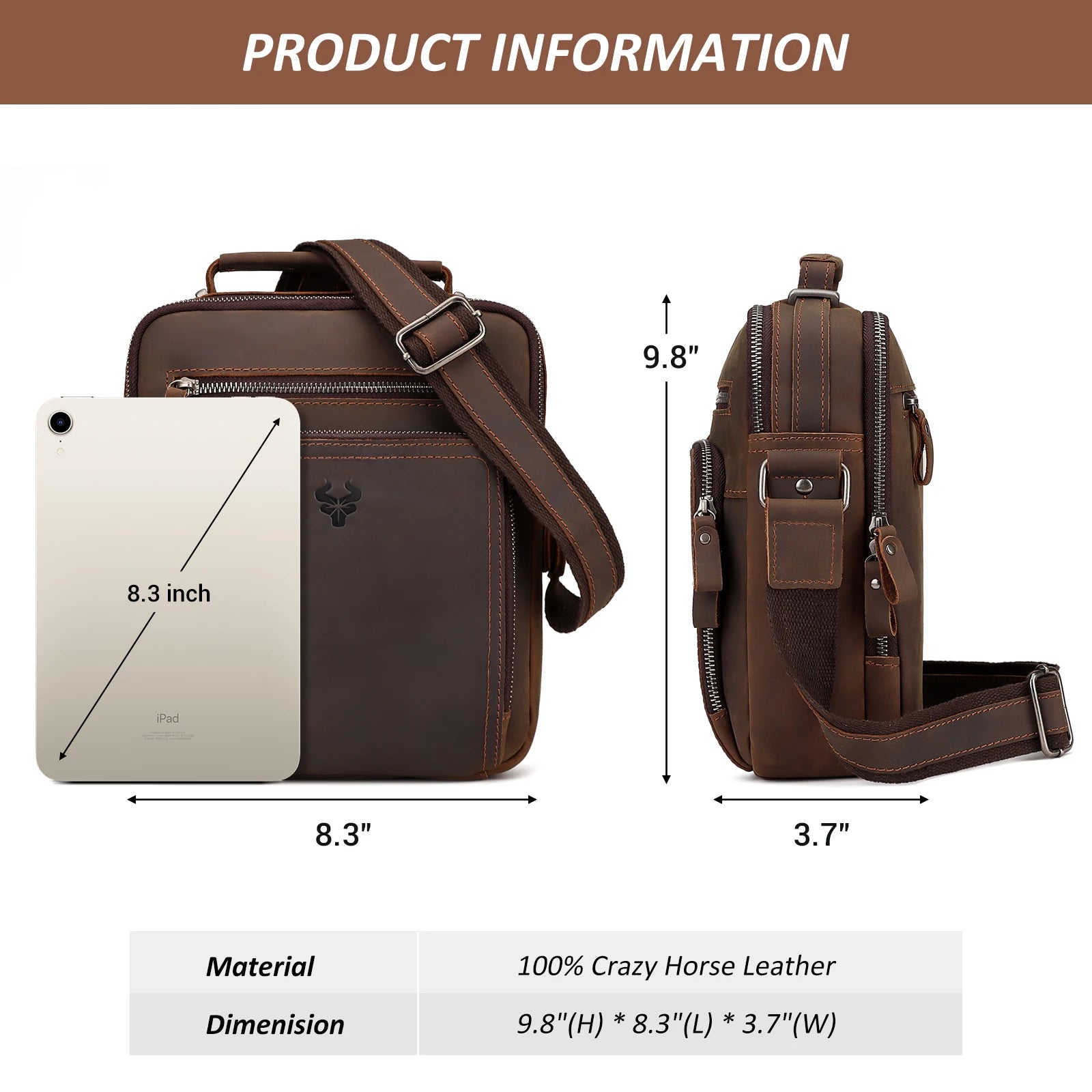 Crazy Horse Leather Men Vintage Handbags Business Office Flap Shoulder Messenger Bags