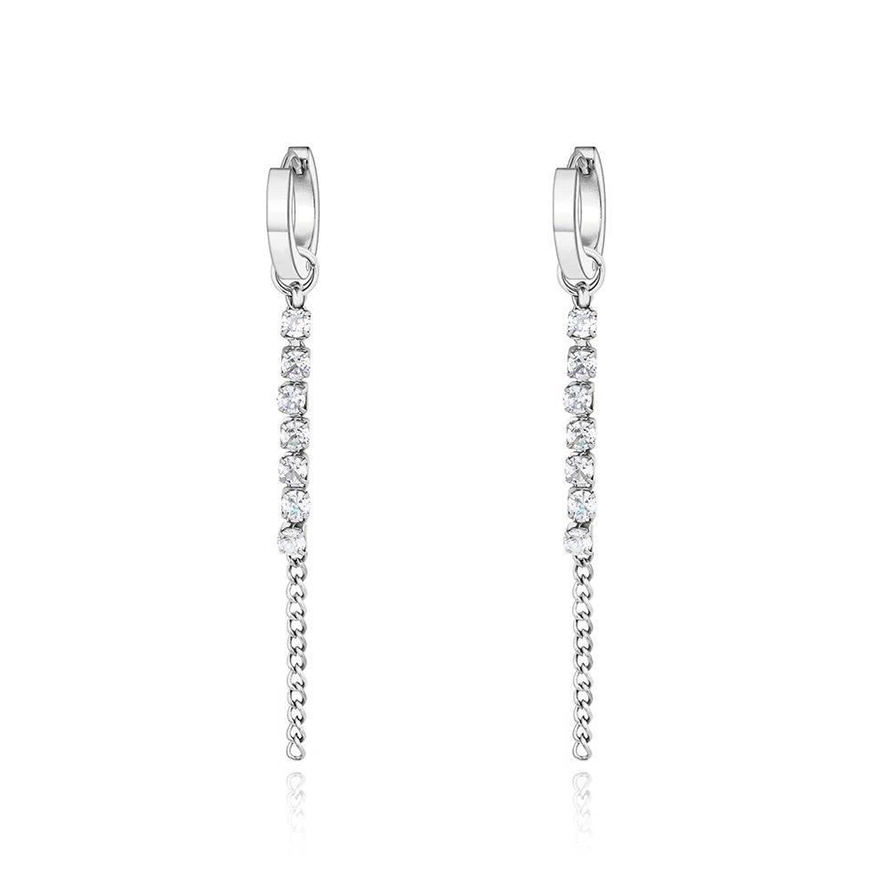 Stainless Steel Sparkling Circle Tassel Earrings Trendy CZ Crystal Dangle Earring For Women