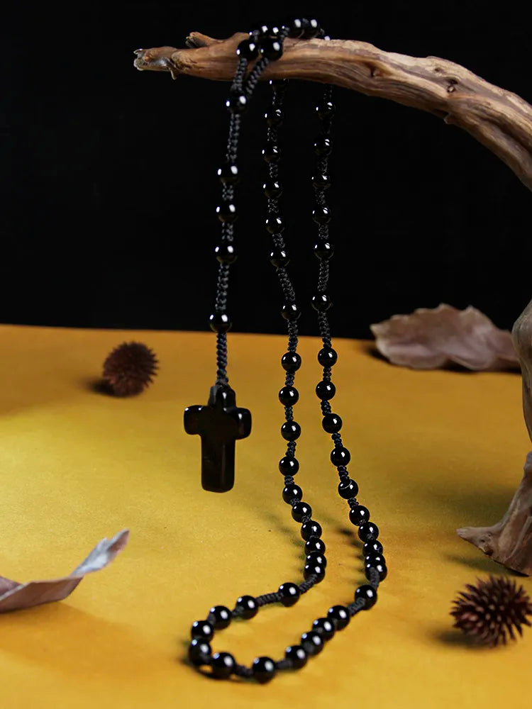 6mm black agate Rosary Necklace Cross Pendant,Handmade knot necklace