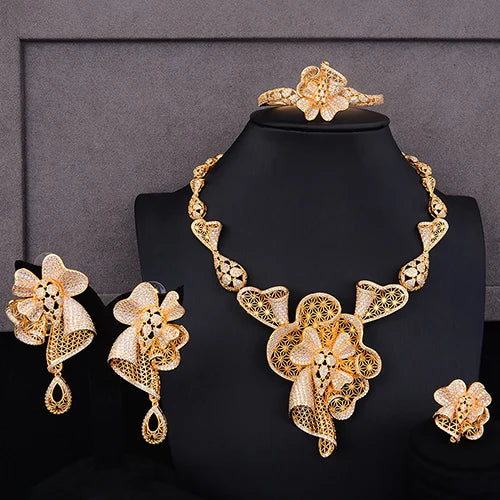 Gorgeous Luxury Flower Bangle Earrings Ring Necklace Jewelry Set for Women