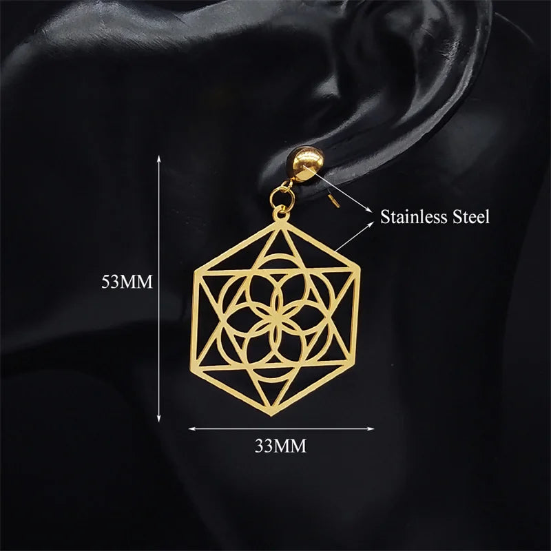 Flower of Life Dangle Earrings for Women Stainless Steel Hexagram Stud Earring