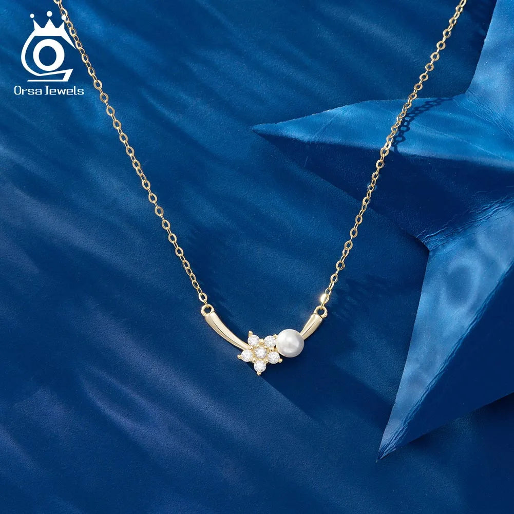 Real 925 Sterling Silver Long Bar Pendants Necklace with Pearl Snowflake Pendant