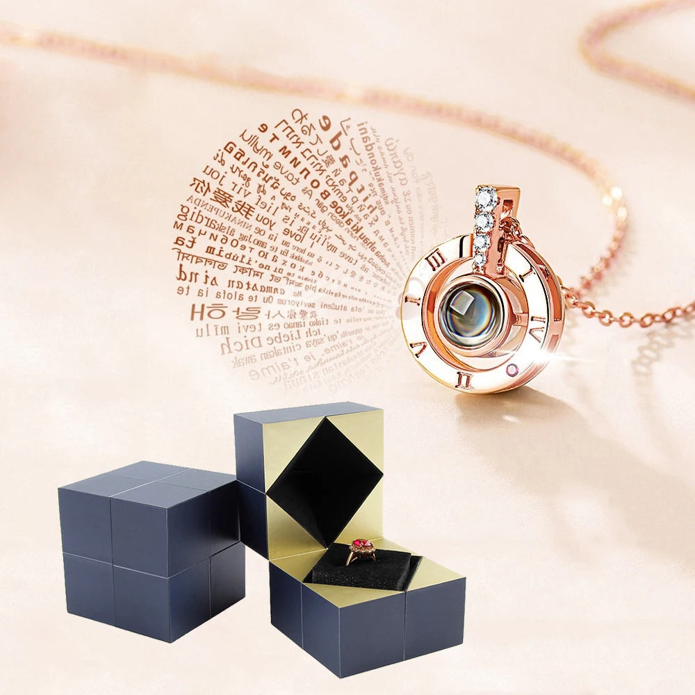  100 Languages I Love You Projection Necklace WIth Flipped Magic Cube Gift Box For Women