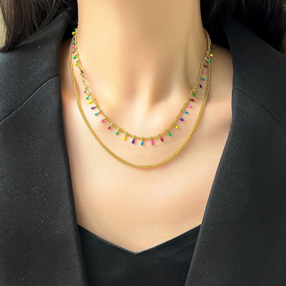 316L Stainless Steel Colour Decorated 2 Layers Chains Necklace For Women