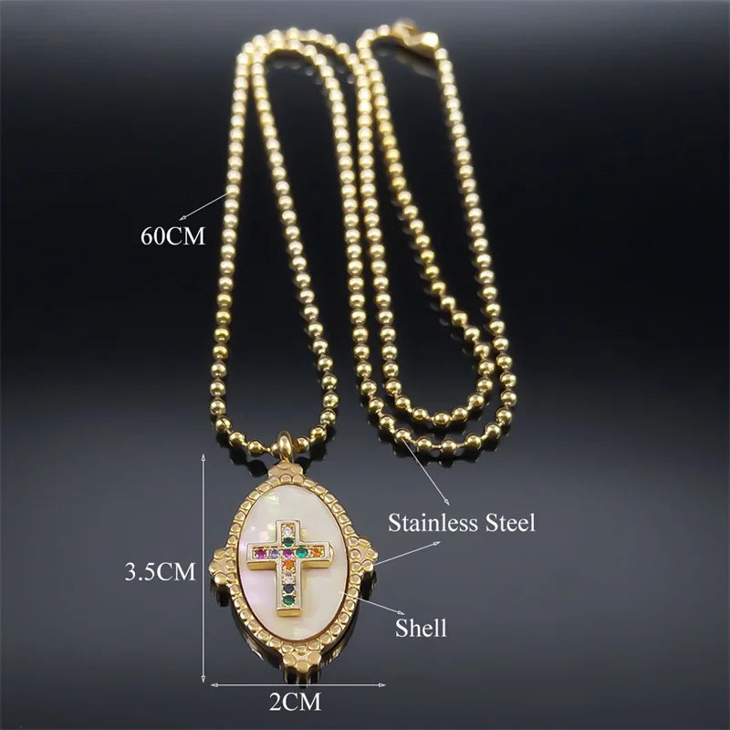 Aesthetic Cross Prayer Necklace Crystal Shell Stainless Steel  Chain Necklaces