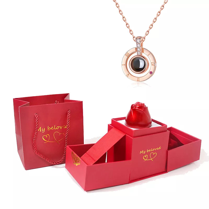 Projection Necklace With Exquisite Rose Gift Box100 Languages I Love You Pendant Jewelry