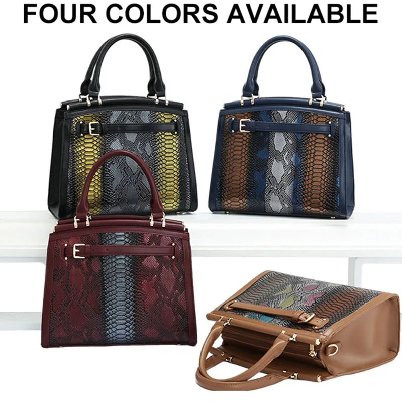 Commuter Soft Leather Tote Handbag for Women Large Capacity Python Patterned Shoulder Crossbody Bag