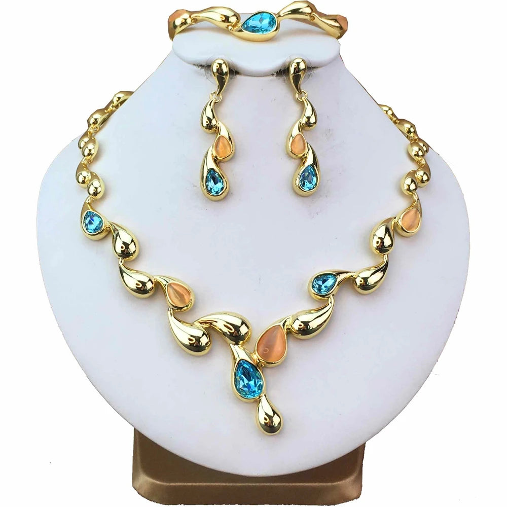 Dubai Fine  Jewelry Beautiful Waterdrop Necklace Rhinestone Jewelry Set For Women