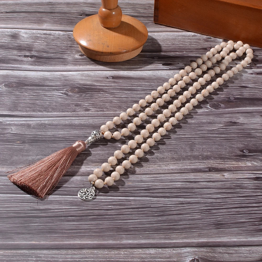 8mm White Fossil Beads Knotted 108 Mala Necklace Meditation Prayer Yoga Jewelry Long Tassel Rosary