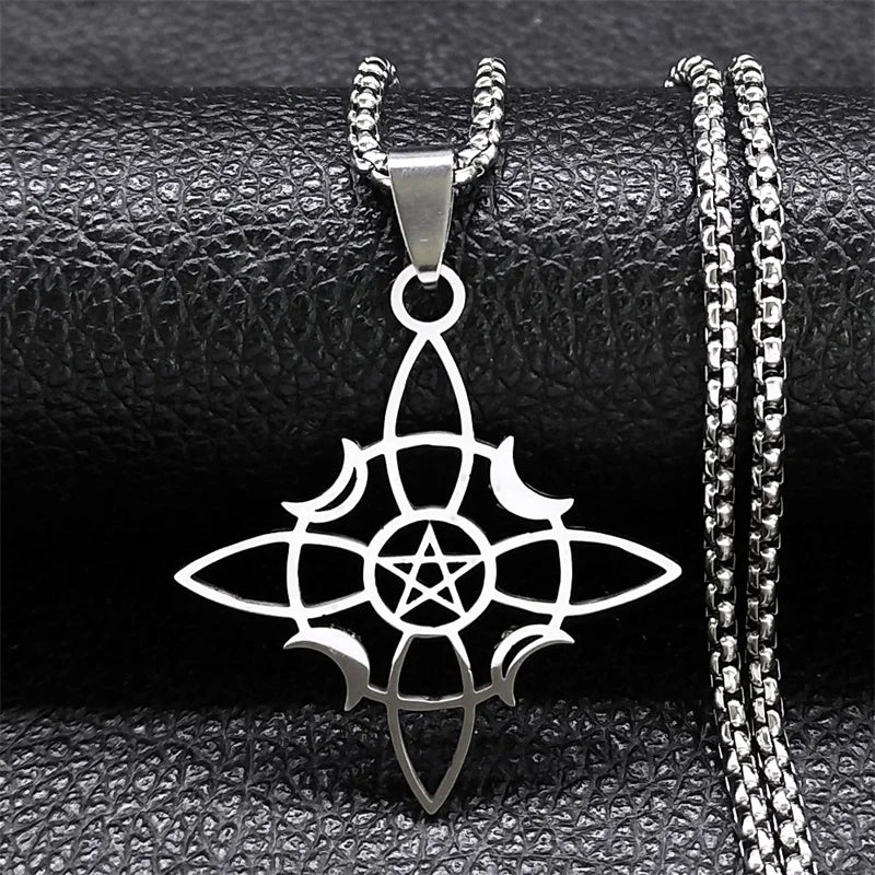  Witch Pentagram Celtic Knot Necklace Stainless Steel Crescent Moon Star Necklaces