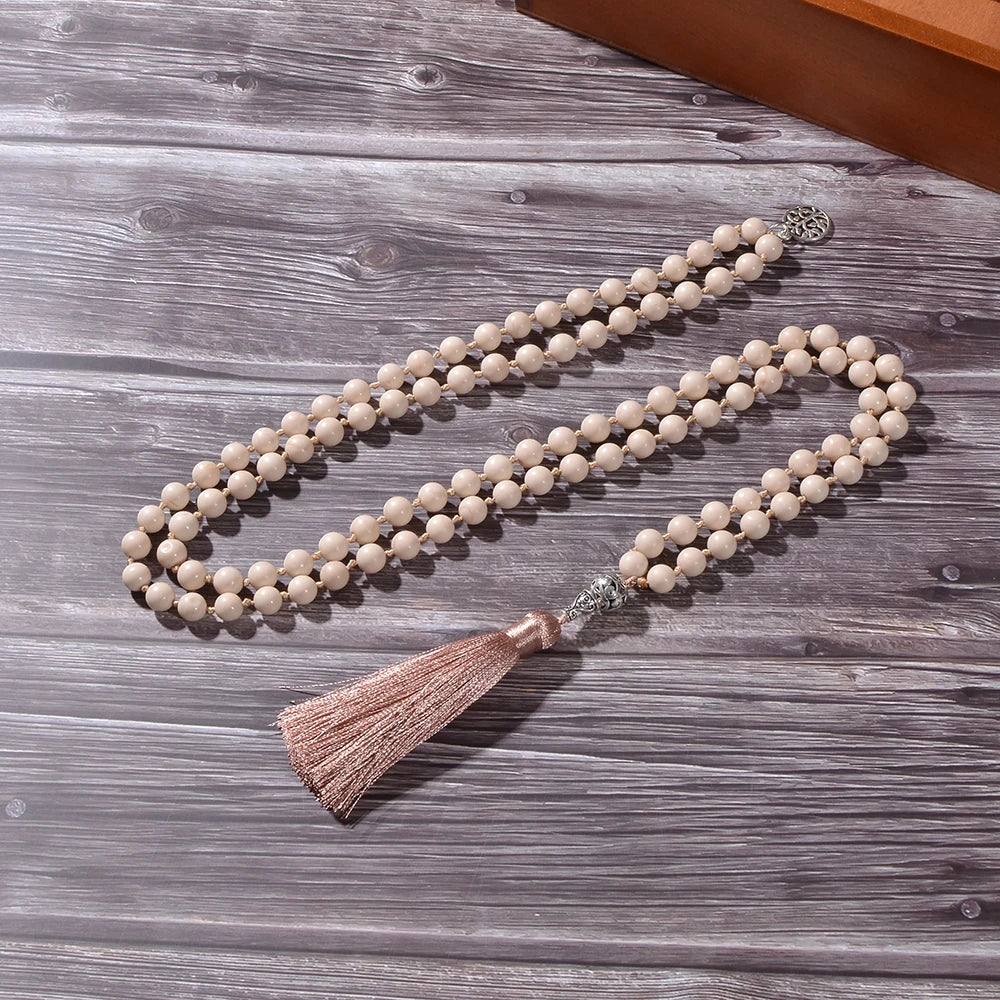 8mm White Fossil Beads Knotted 108 Mala Necklace Meditation Prayer Yoga Jewelry Long Tassel Rosary