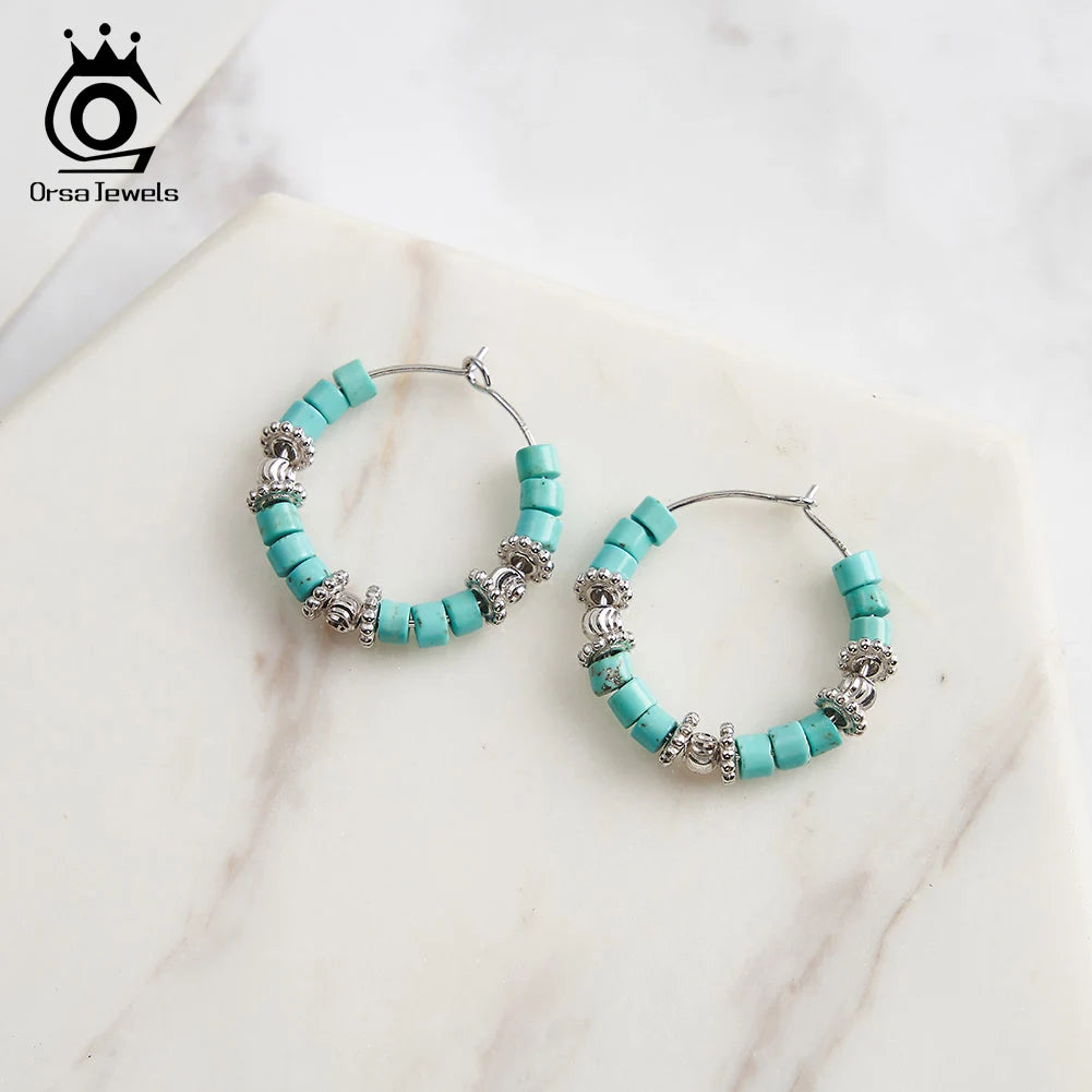 925 Silver Turquoise Hoop Earrings Fashion Blue Turquoise Ear Buckle for Women
