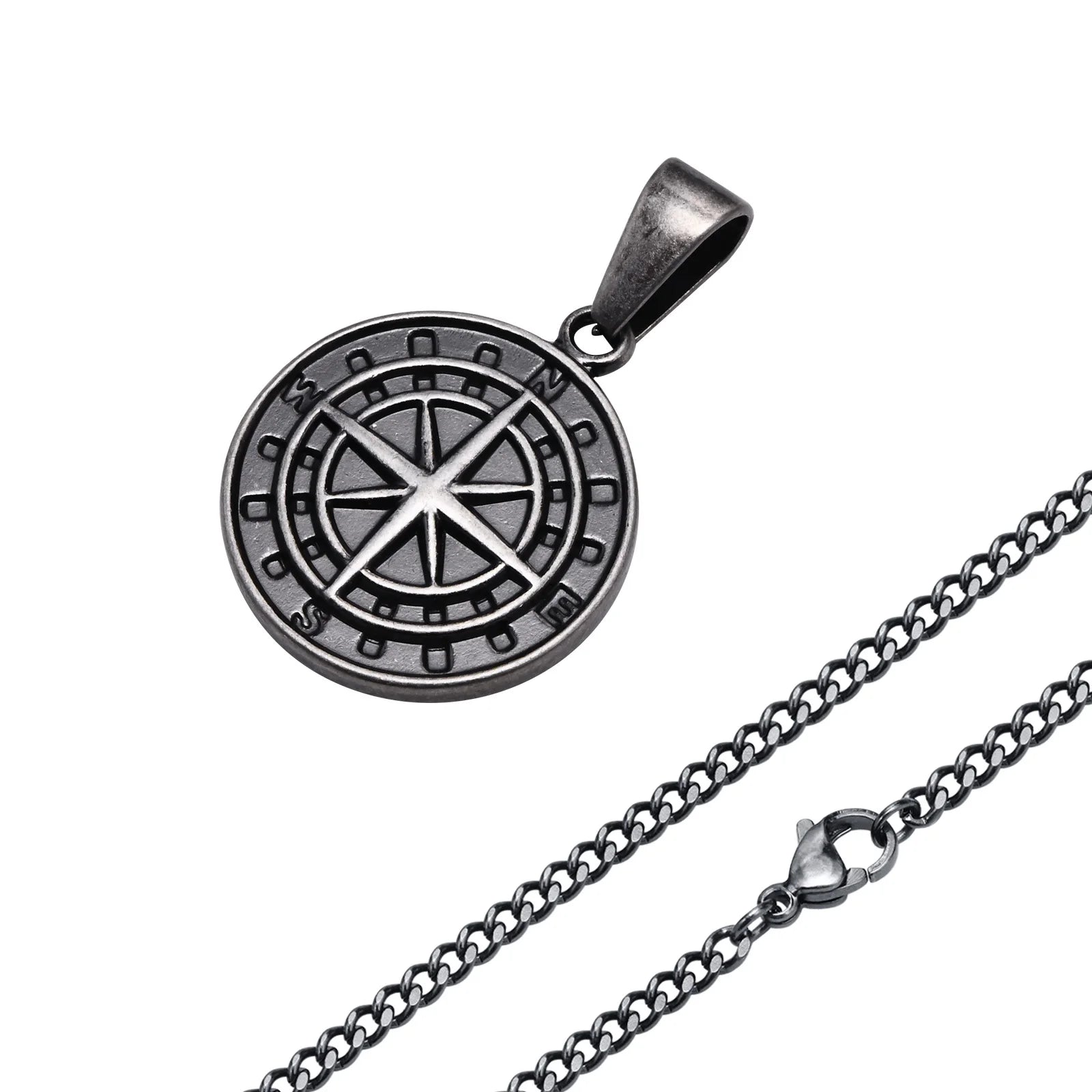 Men Retro Silver Color Seeker Compass Necklaces