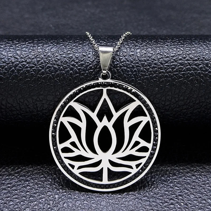 Lotus Crystal Stainless Steel Choker Necklace Women Big Silver Color Necklace