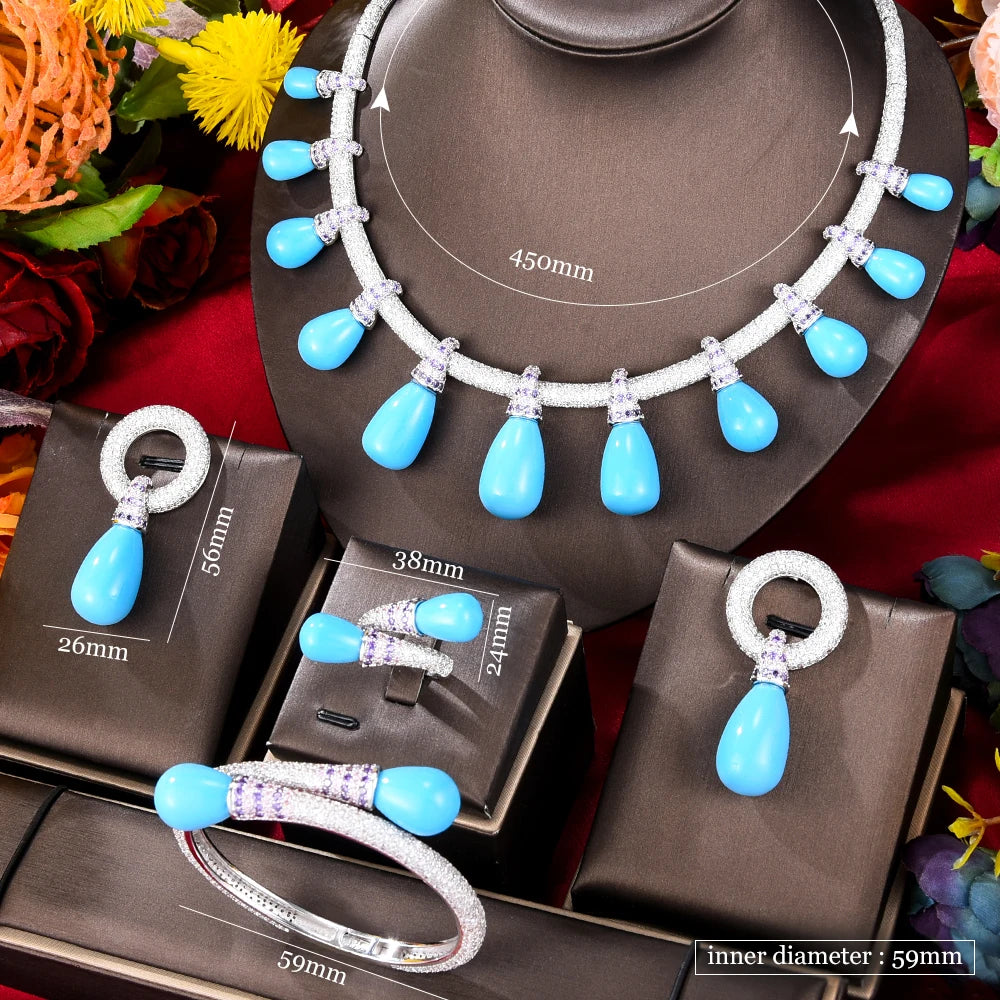 New Luxury 4PCS Orange Necklace Bangle Earrings Ring Jewelry Set for Bridal Wedding Women