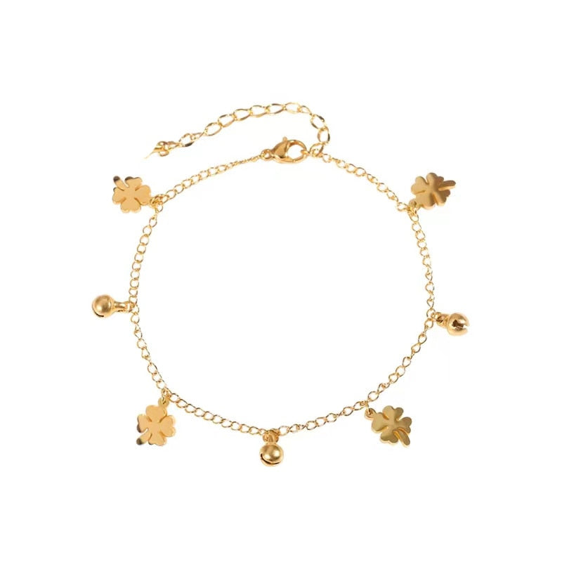Fashion four-leaf flower and bell anklet for women