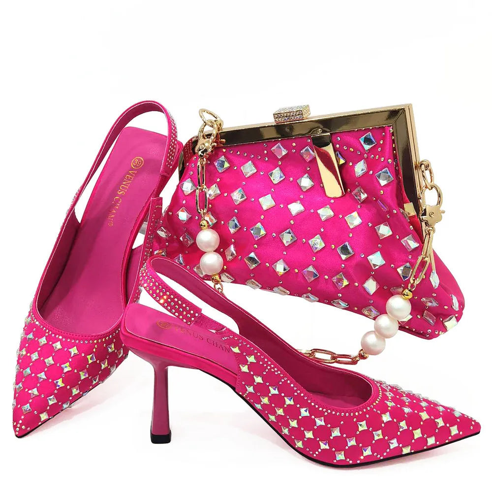  Italian Design Embossed Varnish Style Big Diamond Decoration Classic Noble Women Shoes and Bag Set