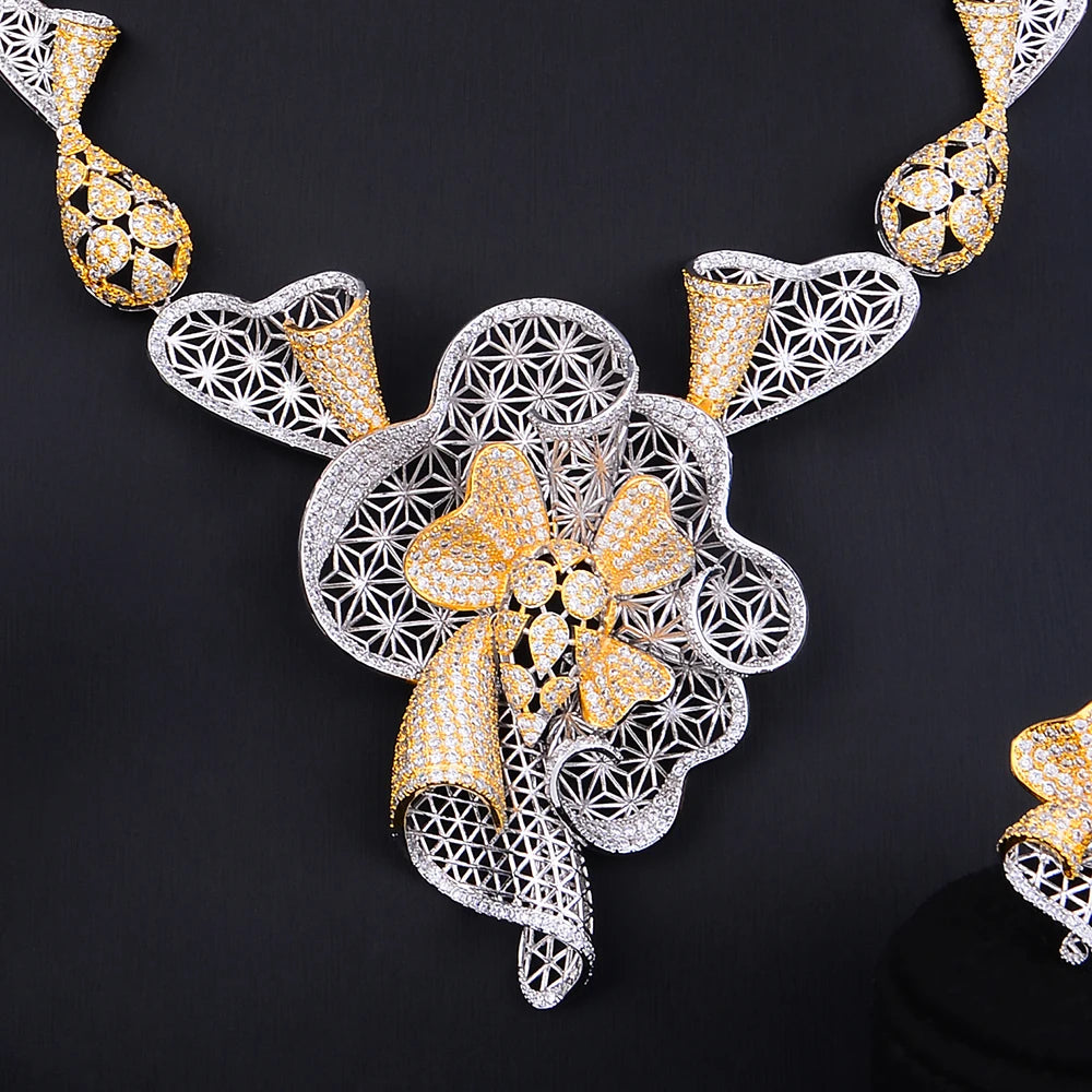 Gorgeous Luxury Flower Bangle Earrings Ring Necklace Jewelry Set for Women