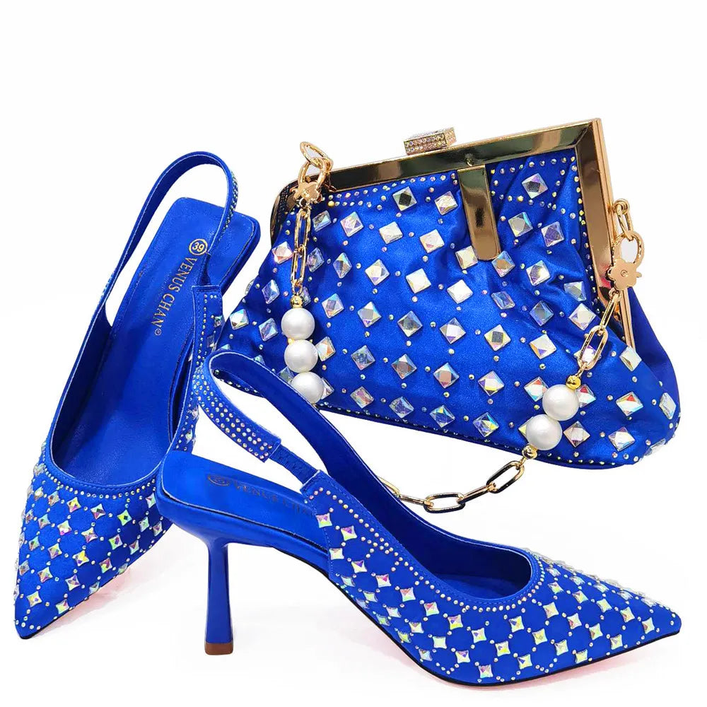 Italian Design Embossed Varnish Style Big Diamond Decoration Classic Noble Women Shoes and Bag Set