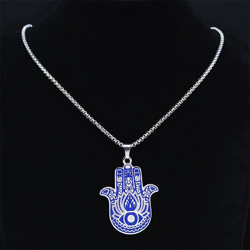 Stainless Steel Blue Color  Hamsa Hand Necklace