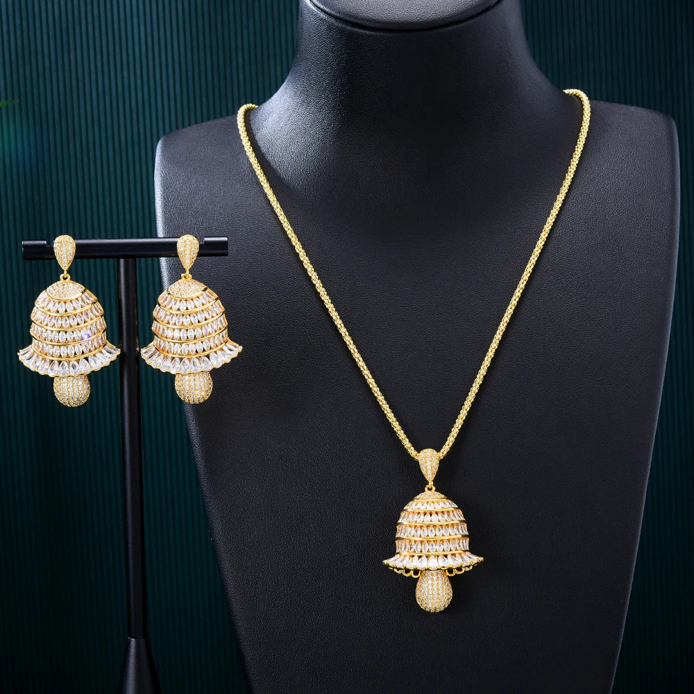 Luxury Bell Drop Necklace Earrings Jewelry Sets Super CZ for Noble Women