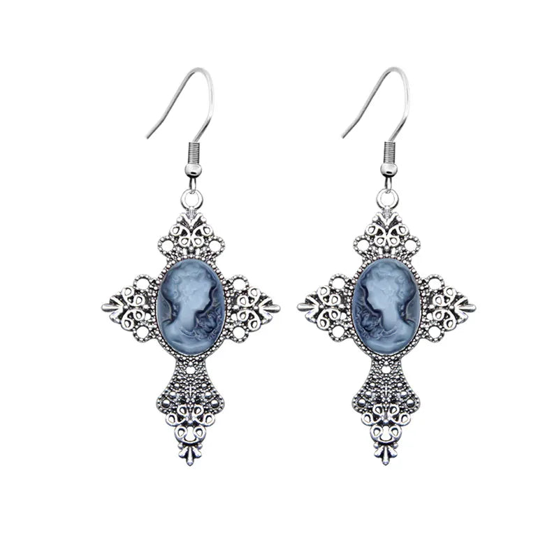 Vintage Look Cross Pendant Lady Queen Cameo Earrings For Women