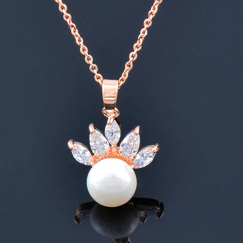 Korean Fashion Crystal Flower Pearl Pendant Stainless Steel Necklace For Women