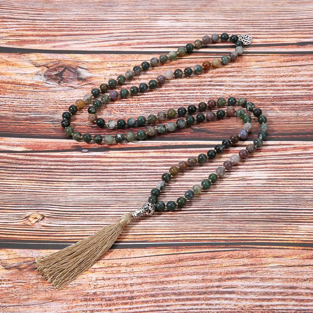  8mm Natural Indian Agate Beads Knotted 108 Mala Necklace