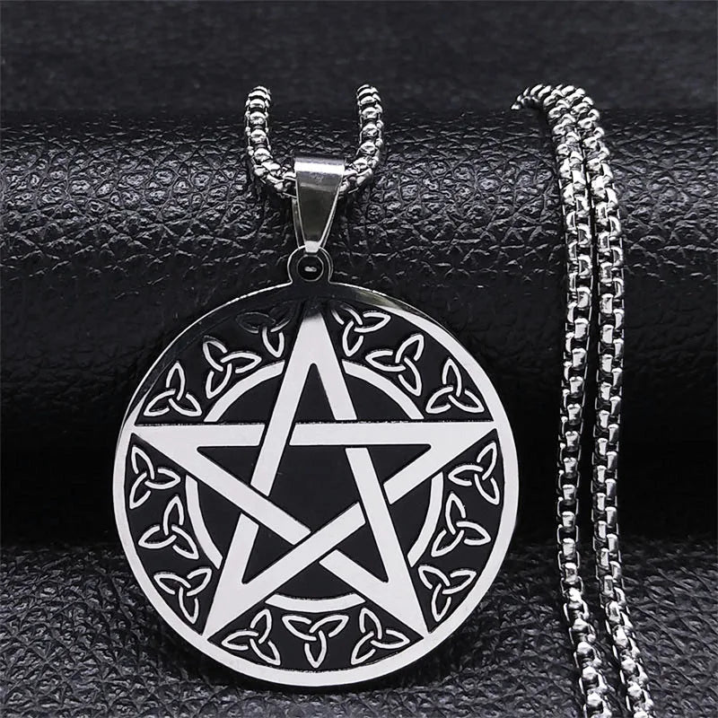 Witchcraft Pentagram Witch Broom Necklace for Women/Men Stainless Steel Wicca Star Necklaces