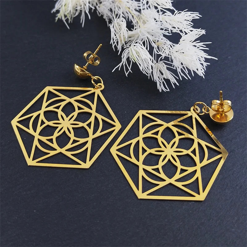 Flower of Life Dangle Earrings for Women Stainless Steel Hexagram Stud Earring