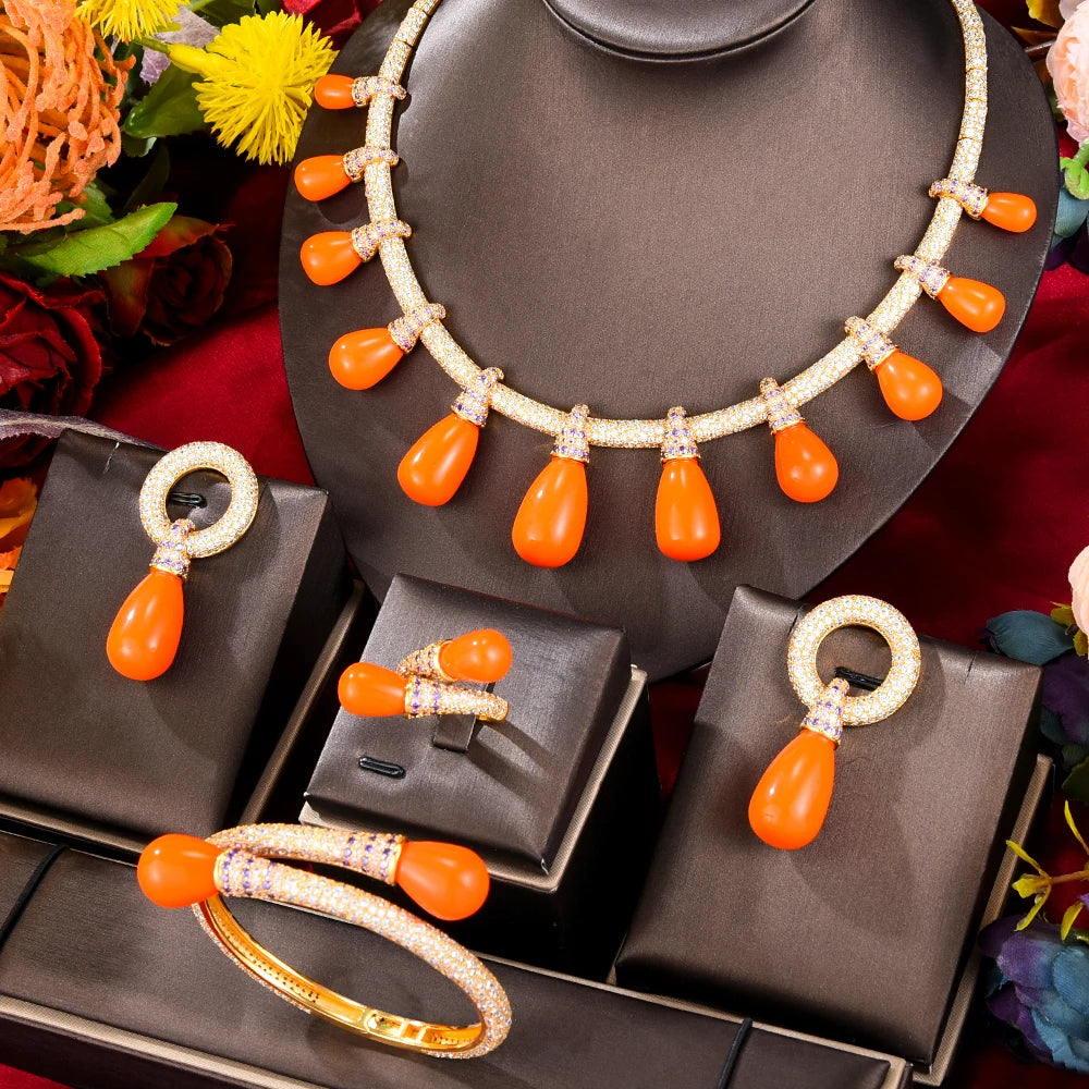 New Luxury 4PCS Orange Necklace Bangle Earrings Ring Jewelry Set for Bridal Wedding Women