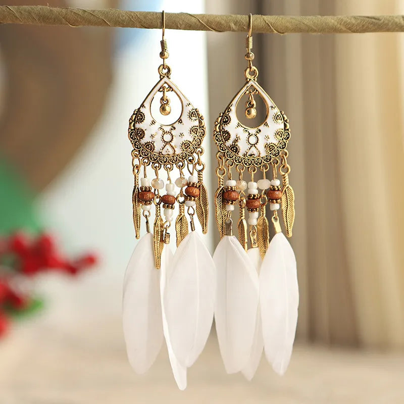 Bohemian Ethnic Long Feather Dangle Earrings For Women
