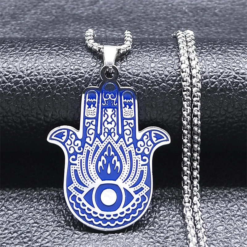 Stainless Steel Blue Color  Hamsa Hand Necklace