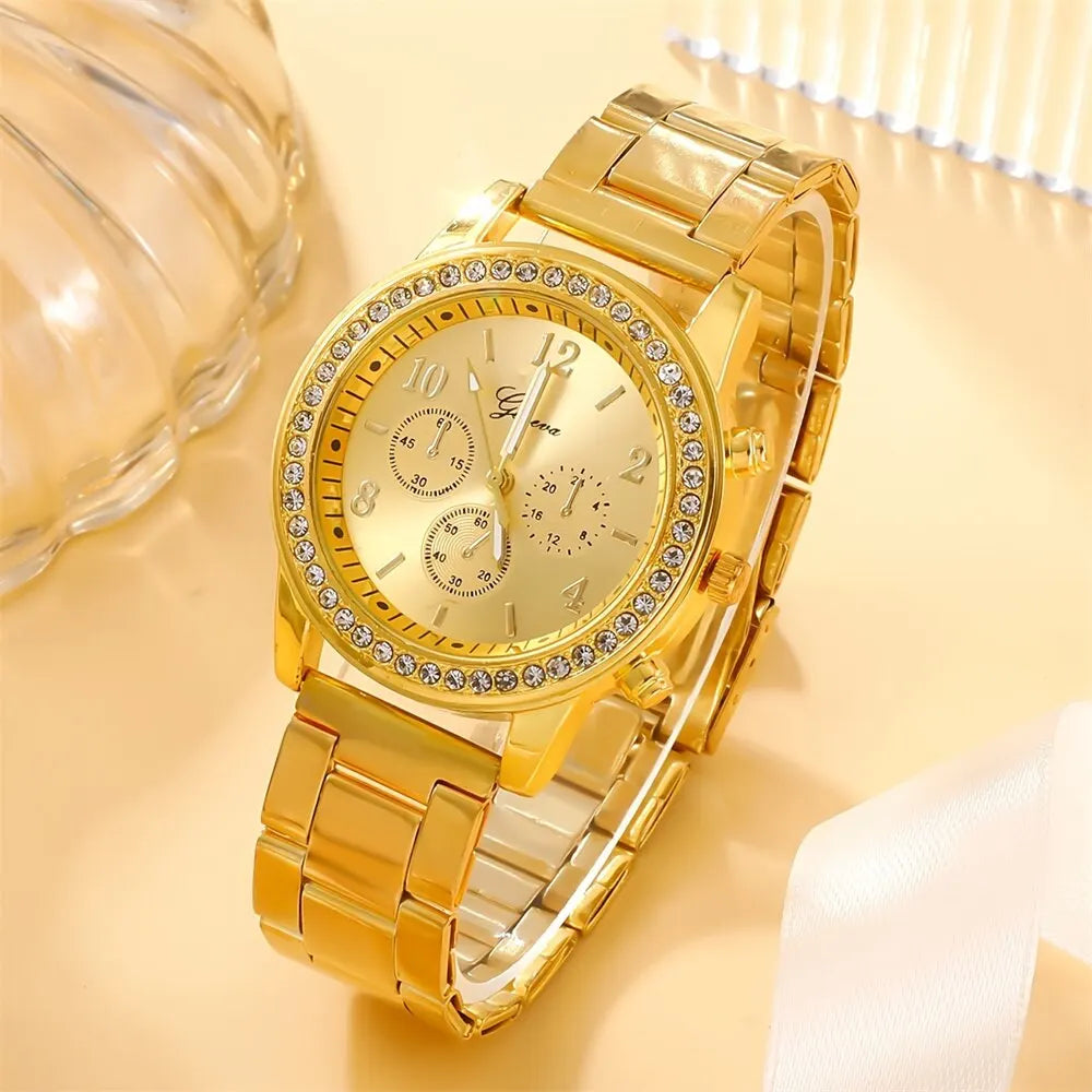 6PCS Set Luxury Watch Women Ring Necklace Earring  Watches Bracelet Set