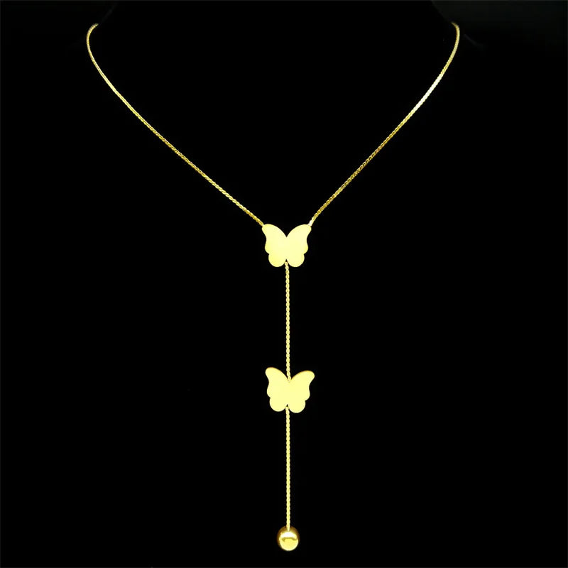  Aesthetic Butterfly Ball Tassel Necklace for Women Stainless Steel Gold Color Female Long Chain