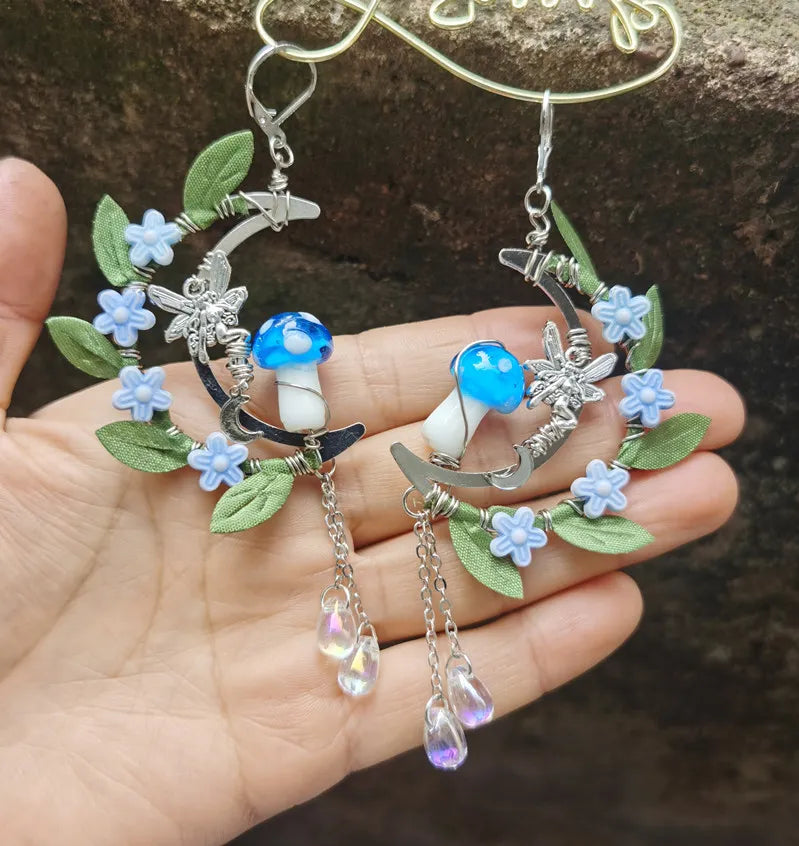 Handmade Mushroom with Leaf Earrings Mushroom Dangle Drop Earrings