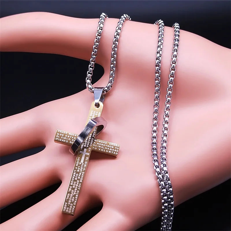 Religion Spainsh Cross Bible Verse Heart Necklace Stainless Steel Christian Inspiring Faith Necklace
