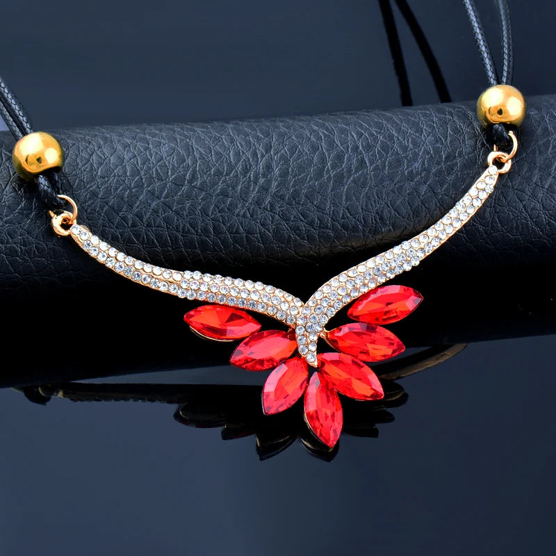 Vintage Leather Blue Green Red Cubic Zirconia Pendant Necklace For Women